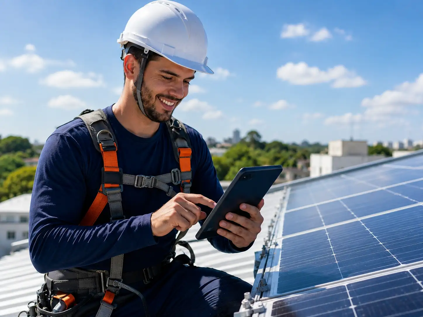 Instalador com capacete e cinto de segurança conferindo a etapa do projeto no tablet, sobre o telhado